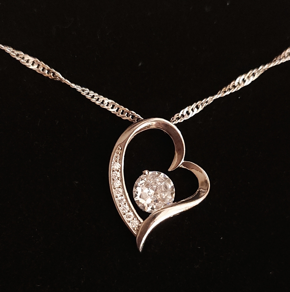Classic Heart Pendant Necklace with Centerstone - Silver